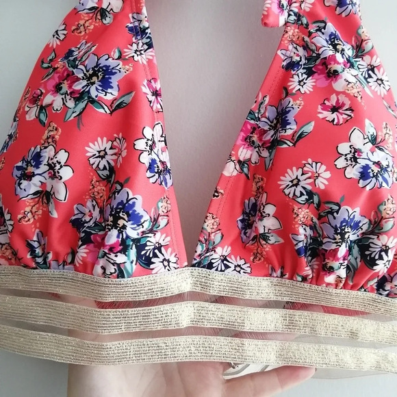 Nicole Miller Coral Pink Floral  Halter Bikini Top with Mesh Metallic Band Large - Picture 6 of 16